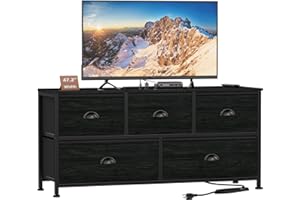 Furnulem Wide Dresser with Power Outlet, 47.2'' TV Stand for 55 inch TV with 5-Fabric Drawers, Chest of Drawers for Bedroom,Living Room,Entryway,Guest Room(Black)