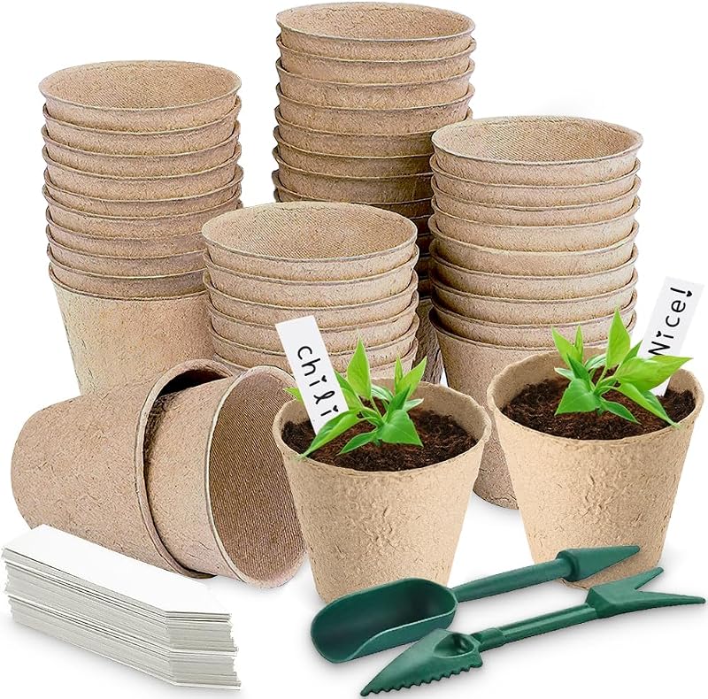 Aileem 40pk Round Fibre Seedling Pots 8cm Biodegradable Plant Starter Tray Kit