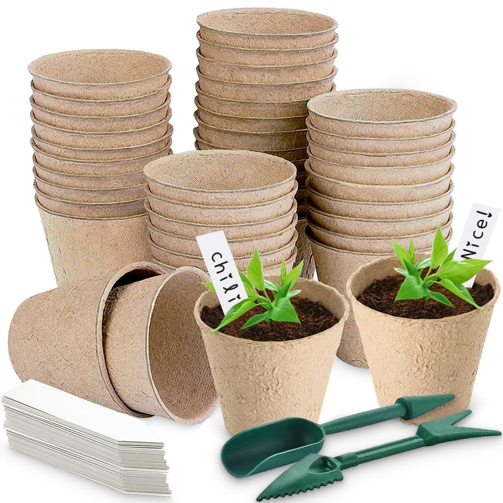 Aileem 40 Pack Round Fibre Pot Seed Seedling Pot, 8cm Biodegradable Plant Pots with 40pcs Plastic Plant Lables and Transplanting Digging Tools, Plant Flower Seed Tray Pots Kits, Garden