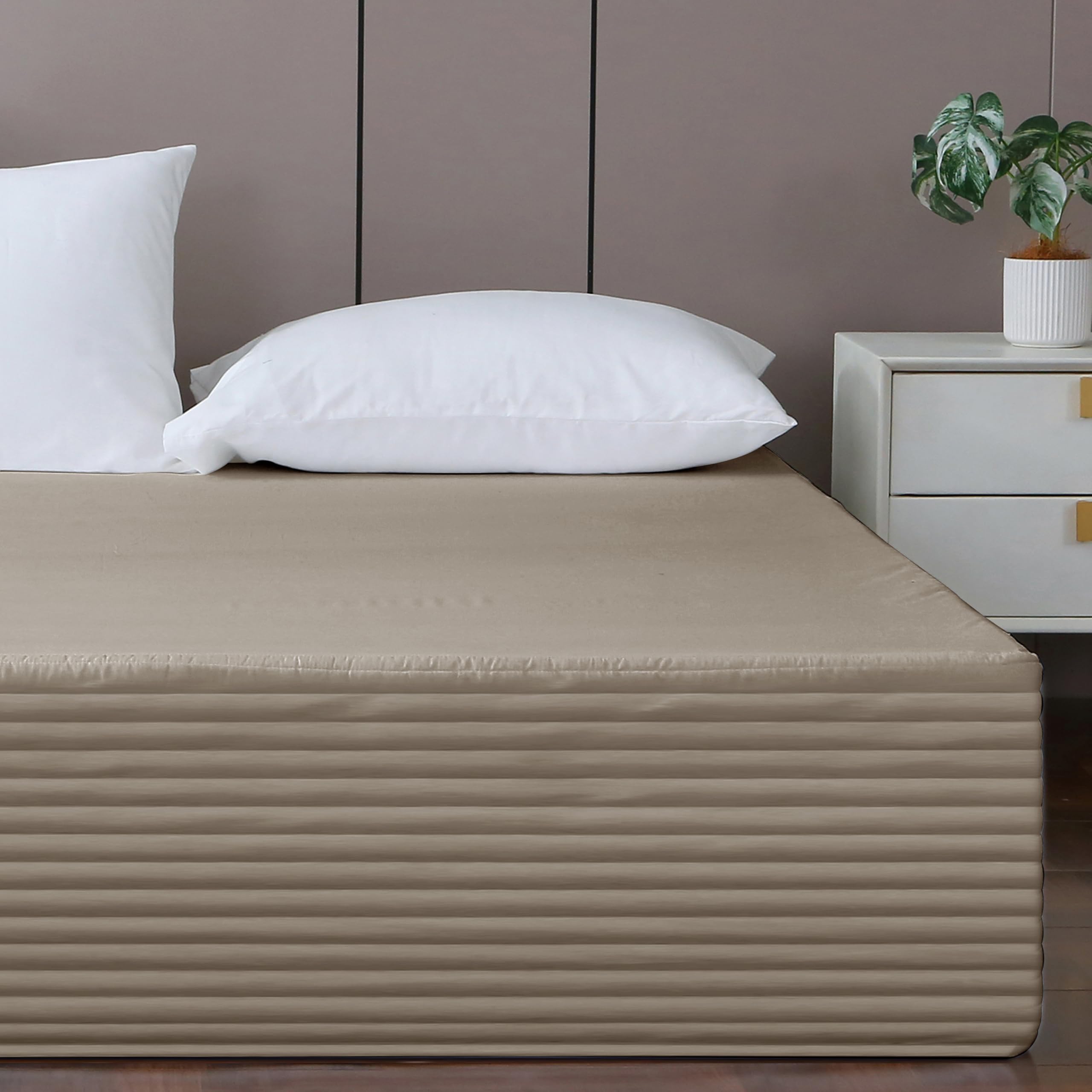 Photo 1 of Full Bed Skirt-Box Spring Cover with 14 Inch Tailored Drop,Wrinkle and Fade Resistant Hotel Wrap Around Bed Skirts,Bed Frame Cover (Horizontal Stripe Light Khaki, Full)