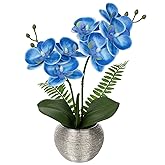 Briful Fake Orchid Flowers 13'' Blue Orchids Artificial Flowers with Silver Ceramic Vase Faux Orchid for Home Office Decor Indoor