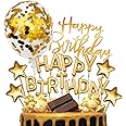 MOVINPE Gold Cake Topper Decoration with Golden Happy Birthday Candles, Banner, Confetti, Balloons, Stars - Rose Gold Theme Party Decor for Boy, Girl, Kid, Men, Women, Baby Shower