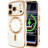 LCHULLE for iPhone 17 Pro Max Case for Women Girls [Compatible with MagSafe] Cute Curly Wave Shape, Magnetic Love Heart Pattern with Camera Lens Cover Luxury Plating Shockproof Phone Case, White