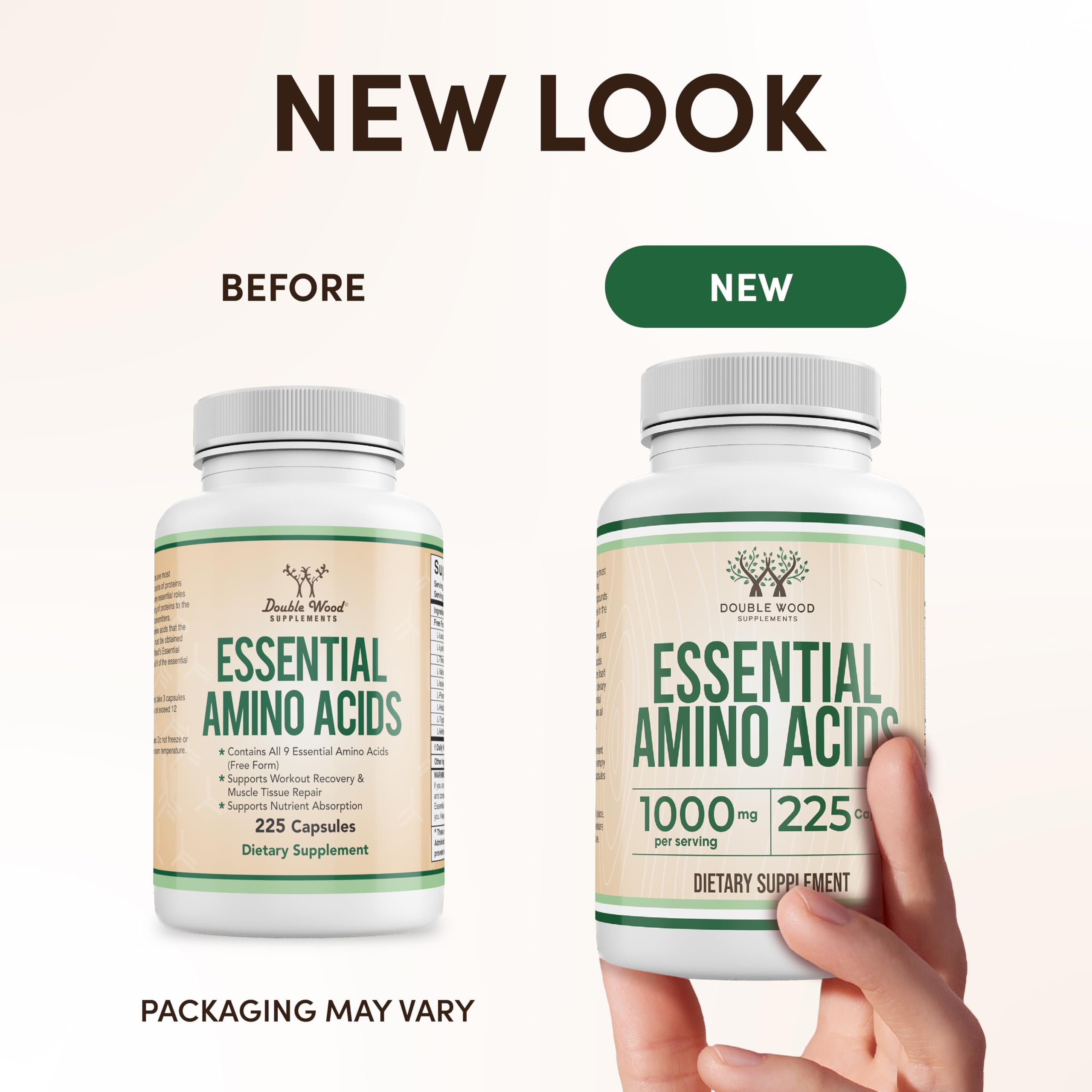 Double Wood Supplements Essential Amino Acids - 1 Gram Per Serving Powder Blend of All 9 Essential Aminos (EAA) and All Branched-Chain Aminos (BCAAs) (Leucine, Isoleucine, Valine) 225 Capsules, Gluten Free by Double Wood