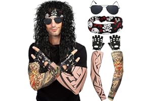 80s Disco Rocker Costume for Men Including Wig Sunglasses Punk Gloves Tattoo Sleeves Hat Headband for Punk Cosplay