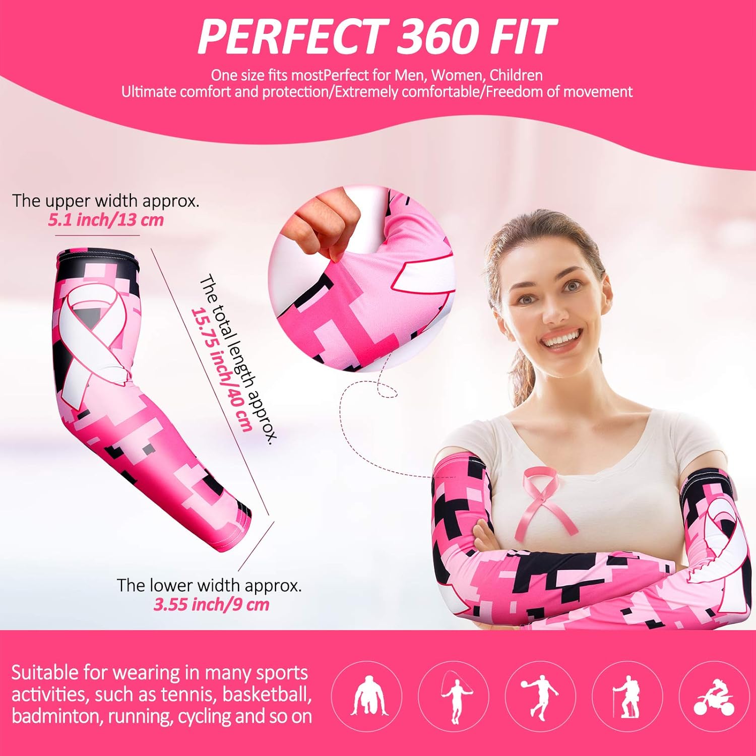 3 Pairs Breast Cancer Awareness Sleeves Pink Ribbon Arm Sleeves Cooling Compression Arm Sleeves UV Protection Arm Cover Sleeve for Women Football Basketball Sports: Clothing