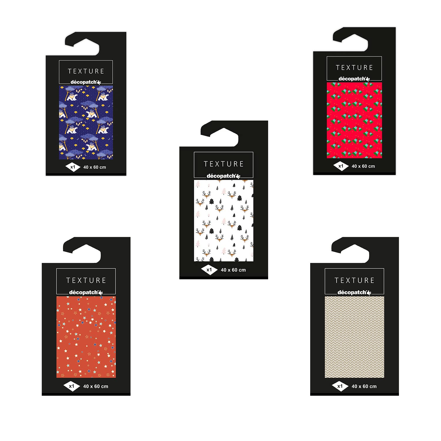 Decopatch (Clairefontaine leisure range) TD777AMZC - 1 set of 5 pockets of textured paper 40x60 cm - Ideal for customization and Christmas decoration