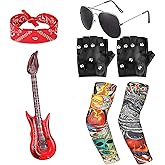 TIANMENSHAN 7Pcs Kids Rockstar Costume Set with Inflatable Guitar, Women's Premium Rocker Outfit Heavy Metal Accessories, Ultimate Rock Look for Halloween Party, Girls & Boys