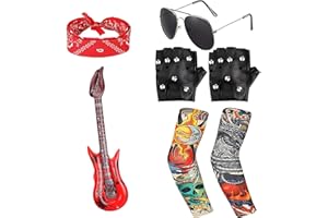 TIANMENSHAN 7Pcs Kids Rockstar Costume Set with Inflatable Guitar, Women's Premium Rocker Outfit Heavy Metal Accessories, Ultimate Rock Look for Halloween Party, Girls & Boys