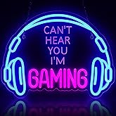 Gaming Neon Sign, Large Bright and Dimmable Colored LED Headset Gamer Neon Light and USB Powered Headphone Lightup Game Signs for Game Zone Video Room Boy Bedroom Wall Decor (Can't Hear You I'm Gaming)