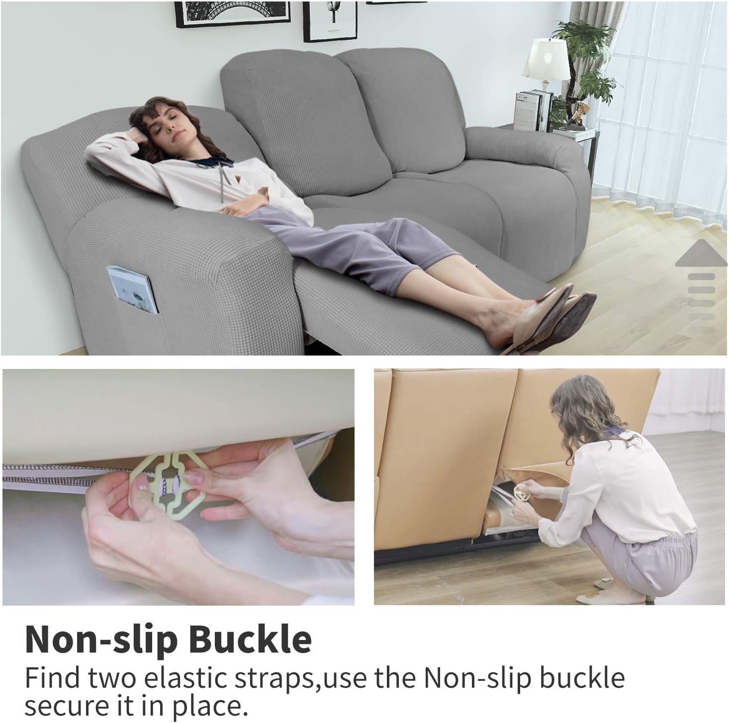 Easy-Going 8 Pieces Recliner Sofa Stretch Sofa Slipcover Sofa Cover Furniture Protector Couch Soft with Elastic Bottom Kids, Spandex Jacquard Fabric Small Checks Light Gray: Home & Kitchen