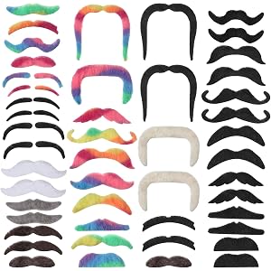 48 Pcs Self Adhesive Fake Mustache Set, Colorful Beard Mustache Stickers for Costume Halloween Party Cosplay and Festival, Pi