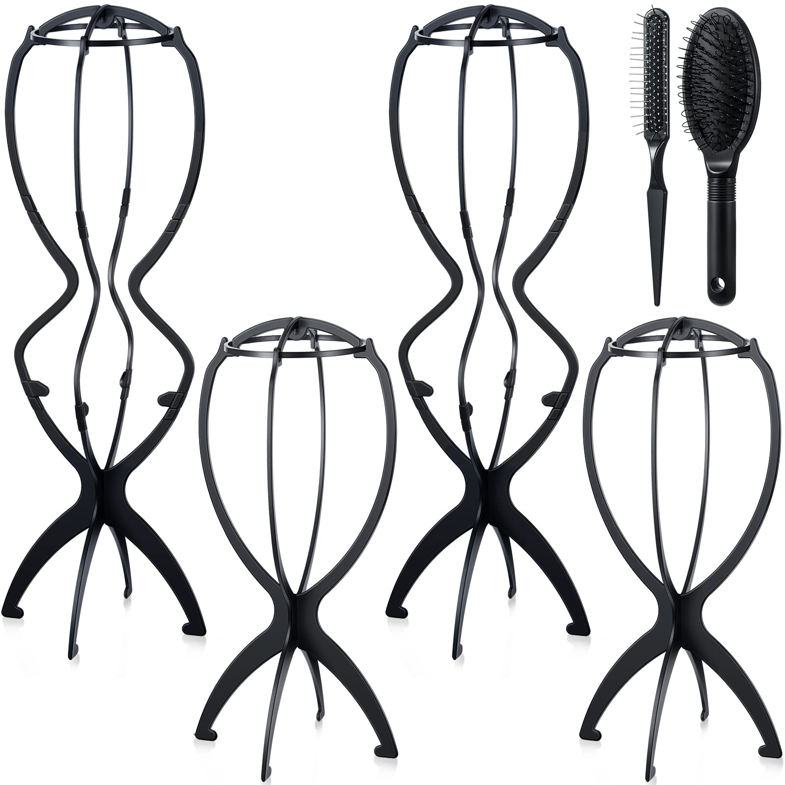 6 Pack Wig Head Stand with Wig Brush Set 4 Black Wig Stand for Wigs Portable Collapsible Wig Holder Tall Wig Stands with 2 Wig Comb for Women Girls Long Wigs