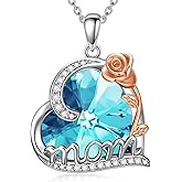 OCJ Birthstone Heart Necklace 925 Sterling Silver Rose Flower Pendant Necklaces Jewelry Gifts for Mom Women Mother Grandma Birthday Christmas Gift for Mom