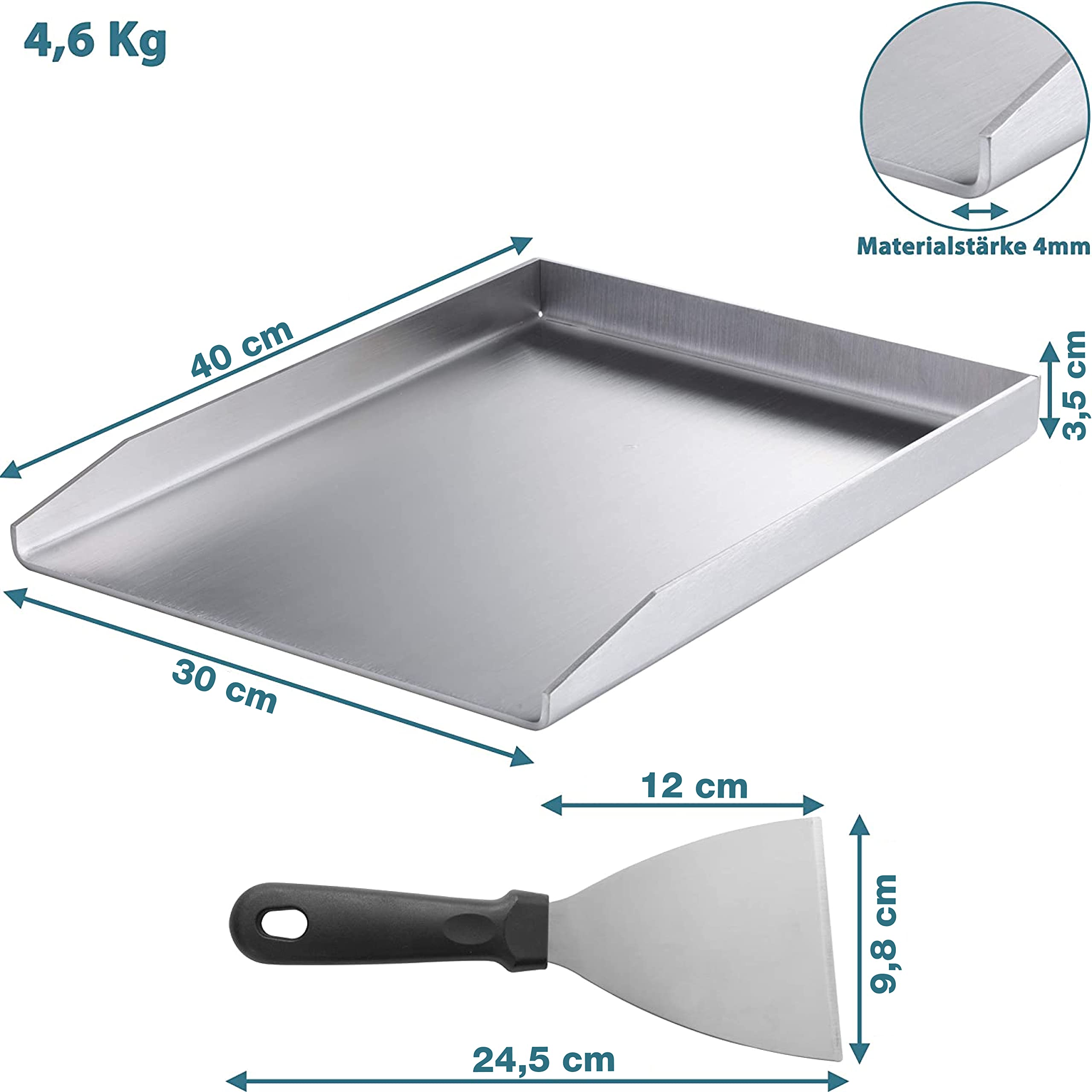 Smartpeas Edelstahl Grillplatte - 30x40 cm Universal Plancha für Kohle- und Gasgrills - Grillplatte für Gleichmäßige Hitzeverteilung - Grillschale für Burger, Spiegelei mit Inbegriffen Grillspachtel 5