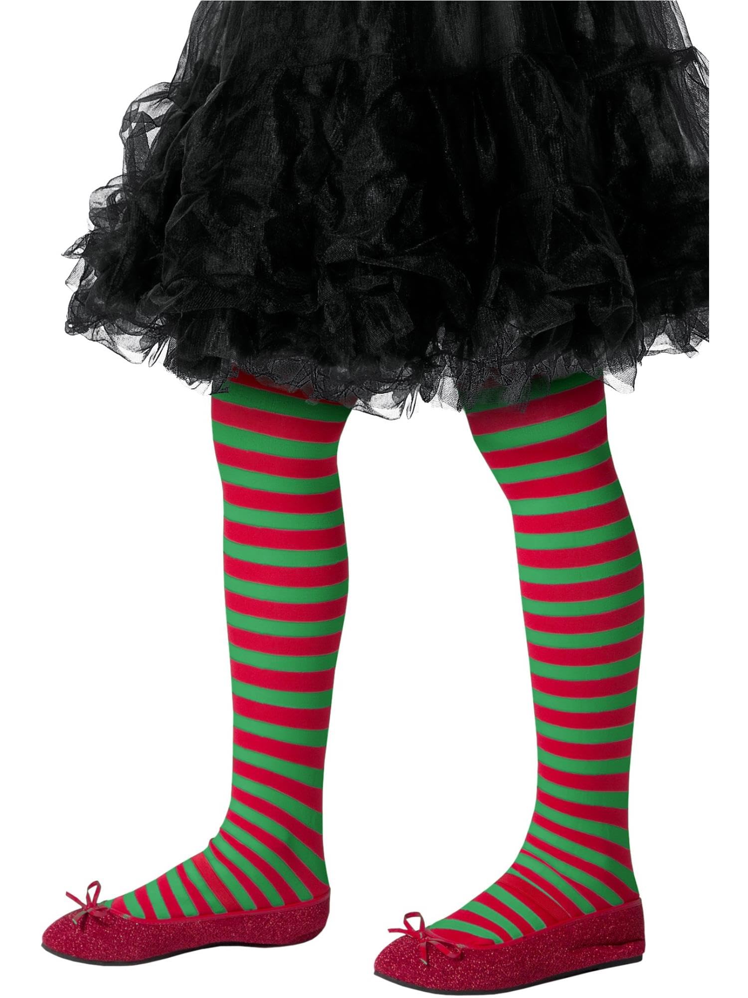 Smiffys Kids Striped Tights, Red and Green – Children’s Christmas Elf Fancy Dress Accessory, Festive Striped Pantyhose for Girls and Boys Age 6-12