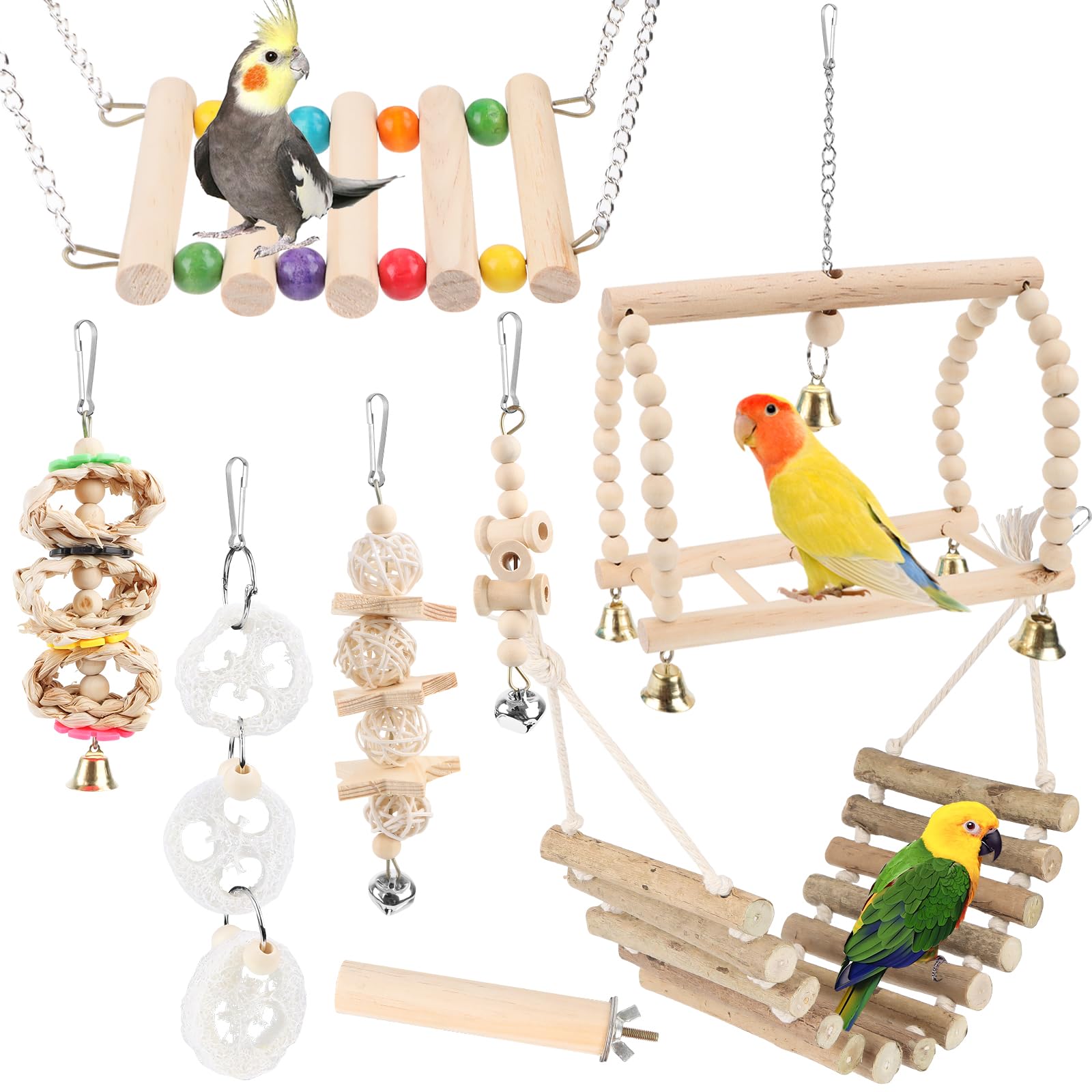 Byffoer Wooden Toys for Budgies, 8 Pack Natural Wood Lovebird Hanging Swing Toys with Bells for All Parrots and Bird Chews