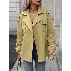 Women's Short Trench Coat, Double-Breasted with Notched Collar and Elastic Cuffs