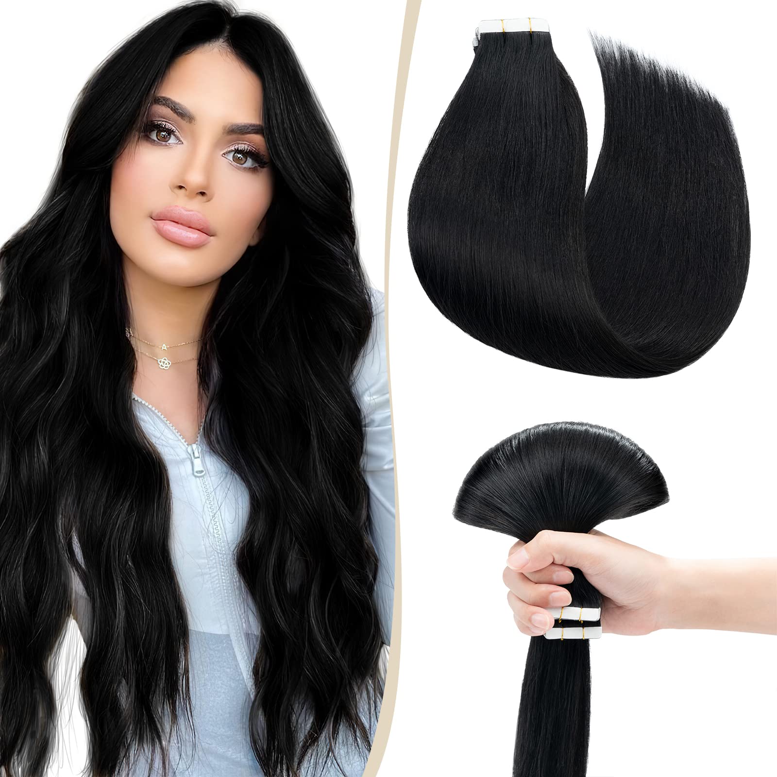 18 inch SEGO Tape in Hair Extensions 10PCS 100% Real Remy Human Hair Extension Straight Skin Weft Seamless (#1 Jet Black,25g) โ image 1