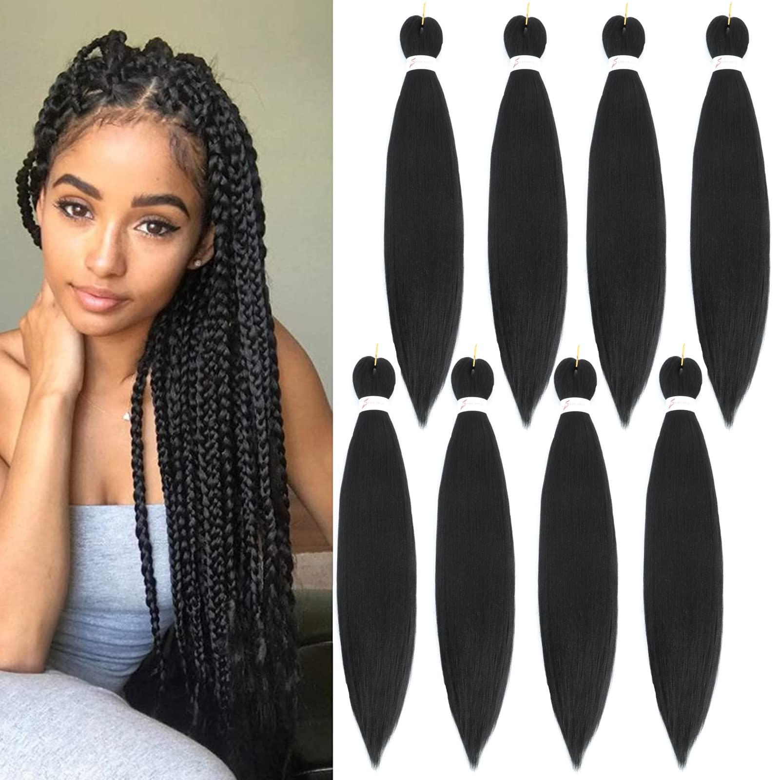 Easy Braid Pre stretched Braiding Hair Extensions - 16 Inch 8Packs Braiding Hair Soft Yaki Texture Crochet Synthetic Hair for Woman Hot Water Setting Crochet Braiding Hair Extensions (1B#) — image 1