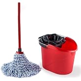 Vileda SuperMocio Microfibre and Cotton Mop and Bucket Set, Mop for Cleaning Floors, Set of 1x Mop and 1x Bucket, Red/Black, 28.3cm (W) x40cm (D) x28.5cm (H)