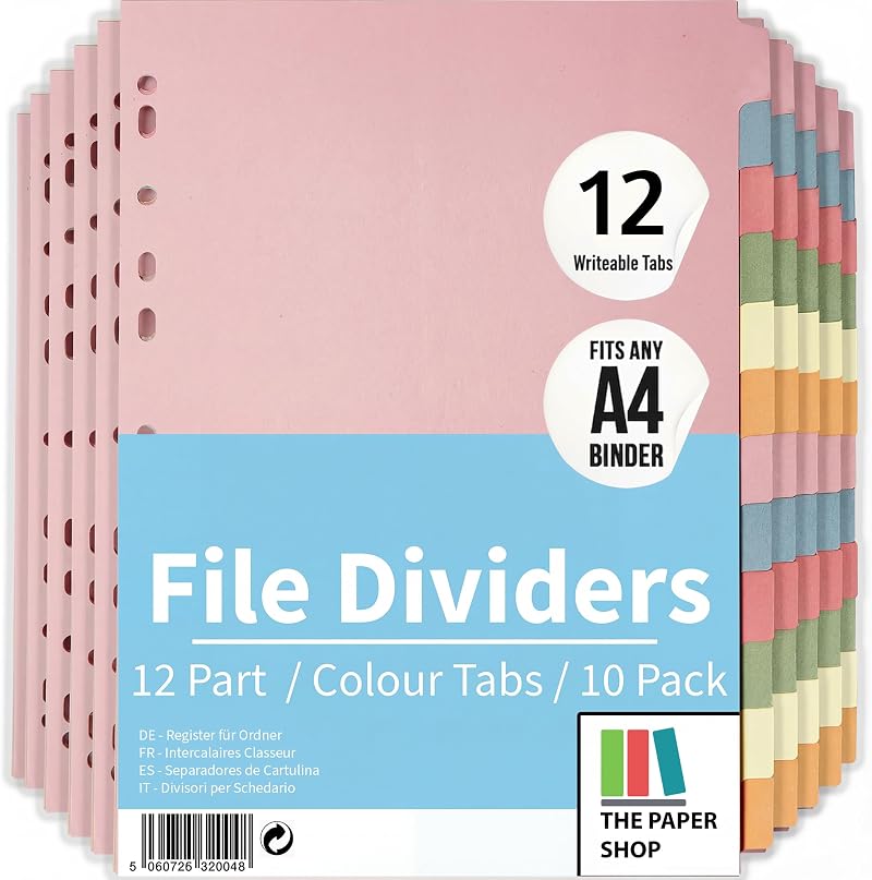 The Paper Shop File Dividers A4 12 Part Pack of 10 Writeable Tabs