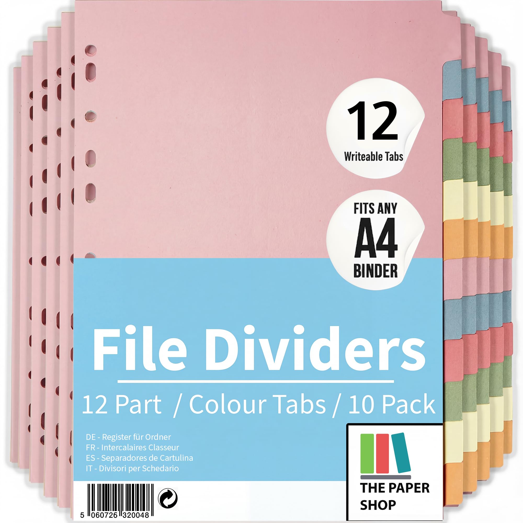 File Dividers A4, 12 Part Folder Dividers for Ring Binders & Lever Arch Files (10 Pack) Binder and Subject Dividers with Writeable Coloured Index Tabs - The Paper Shop