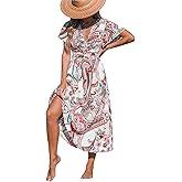 CUPSHE Women's Ruffle Beach Dress Paisley V Neck Short Sleeve Pleated High Waist Maxi Summer Dresses