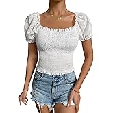 SOLY HUX Women's Square Neck Puff Short Sleeve Frill Shirred Smocked Crop Tops Blouse