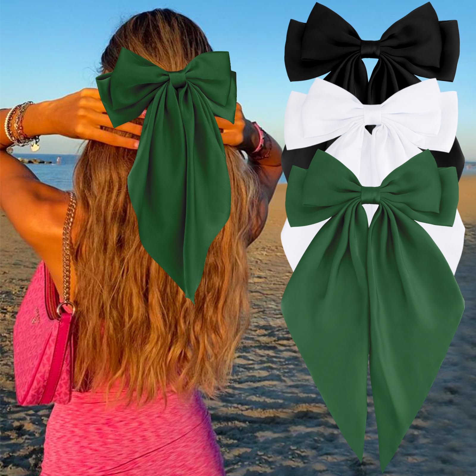 Photo 1 of Velscrun Oversized Grass Green White Black Hair Bows for Women Silky Satin Large Hair Ribbons Long Tail Bow Barrettes Stocking Stuffers for Teen Girls Gifts for Women Christmas Hair Accessories