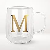 COLLECTIVE HOME - Double Walled Glass Coffee Mugs, Insulated Coffee Mug with Handle, Personalized Gifts for Women, Men, Christmas, 14 oz Monogram Cups (M)