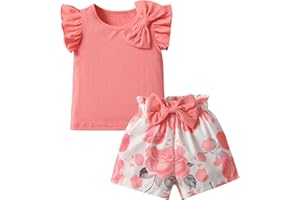 Morerich Toddler Baby Girls Summer Clothes Infant Little Kids Sleeveless Solid Color T-Shirt Flower Print Shorts Outfit Set P