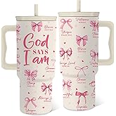 Hiboss Christian Gifts for Women Girls, Pink God Says I Am Tumbler 24 Oz, Inspirational Religious Gifts, Stainless Steel Insulated Pink Bow Cup, Faith Bible Verse Prayer Gift for Birthday