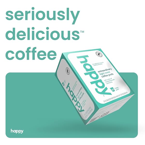 HAPPY COFFEE LIGHT ROAST COFFEE PODS, 22 COUNT, NOTES OF TOASTED BISCOTTI AND LEVITY, COMPATIBLE WITH MOST K-CUP BREWERS, RAINFOREST ALLIANCE CERTIFIED