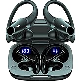 Active Noise Cancelling Earbuds Wireless Bluetooth Headphones 80H Playtime LED Power Display Charging Case Over Ear Hooks Ear Buds with Hi-Res Sound & Clear Calls for Sports Running Gym Workout Black