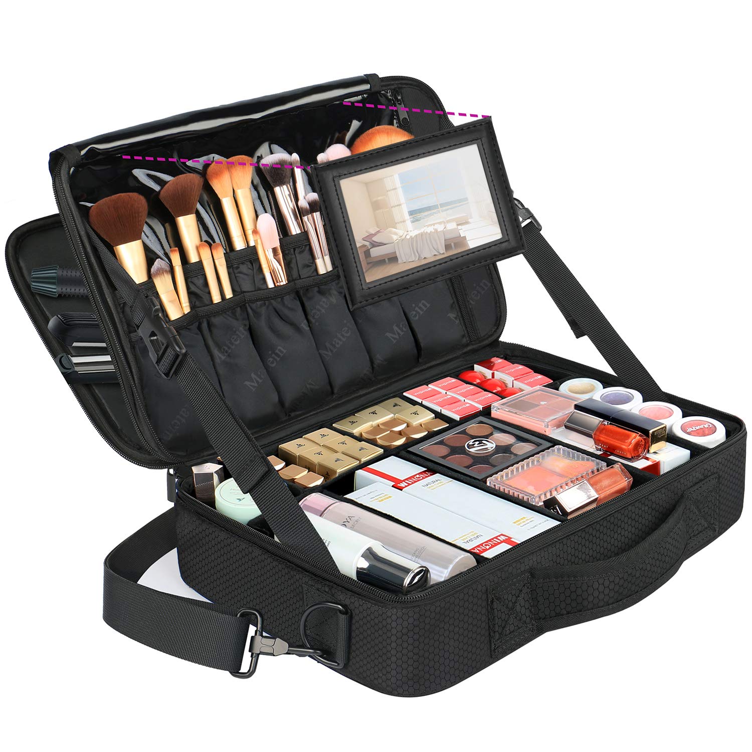 Large Travel Makeup Bag, Professional Cosmetic Makeup Train Case with Mirror, Waterproof Cosmetics Organizer Bag with Adjustable Divider Portable Makeup Storage Bag 16.5 Inch for women, Black : Beauty