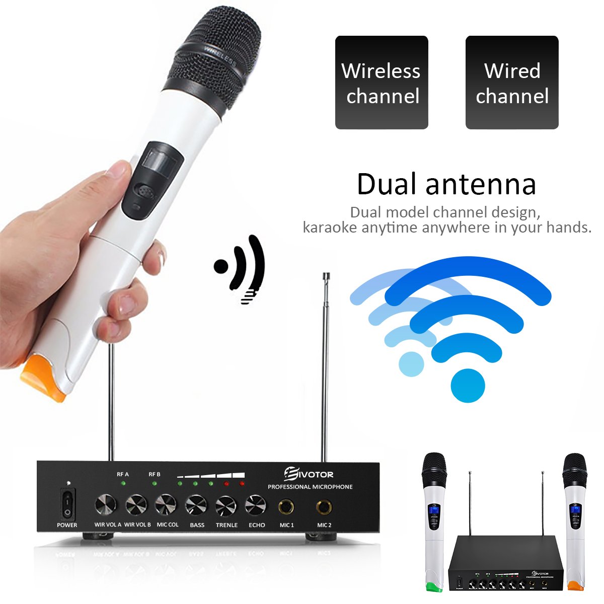 EIVOTOR 2Channel Professional Portable VHF Wireless Microphone System