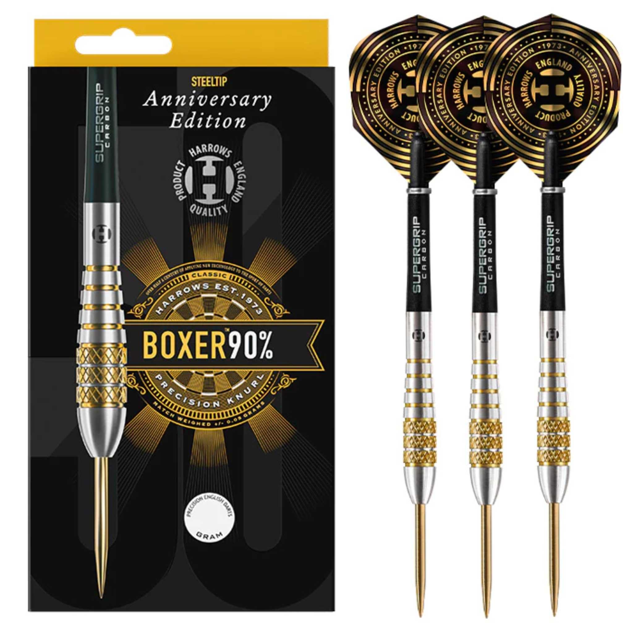 Harrows Boxer Bomb 90% Tungsten Steel Tip Darts Set 22g, 24g, & 26g - Includes Midi Supergrip Carbon shafts & New Anniversary 100 Micron Flights- 22g