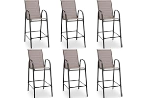 HOMREST Outdoor Bar Height Stools Set of 6,High Back Patio Chairs with Armrests,Textilene Chairs with Breathable Fabric & Metal Frame for All Weather,Taupe
