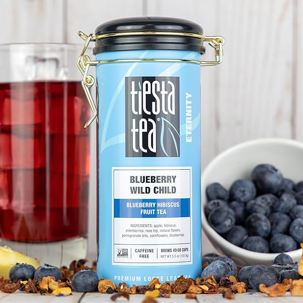 TIESTA TEA BLUEBERRY WILD CHILD, LOOSE LEAF, BLUEBERRY HIBISCUS HERBAL TEA, PREMIUM NON-CAFFEINATED BLEND, MAKE HOT OR ICED, BREWS UP TO 50 CUPS, 5.5 OUNCE REFILLABLE TIN