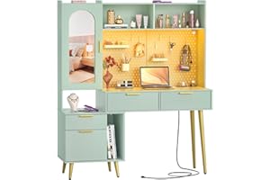 armocity 48'' Makeup Vanity with Hutch, Modern Bedroom Vanity with Charging Station and LED, Tall Vanity Table with Pegboard, Mirror, 5 Big Drawers & Shelves, Cabinet, Bedroom Dressing Tables, Cyan