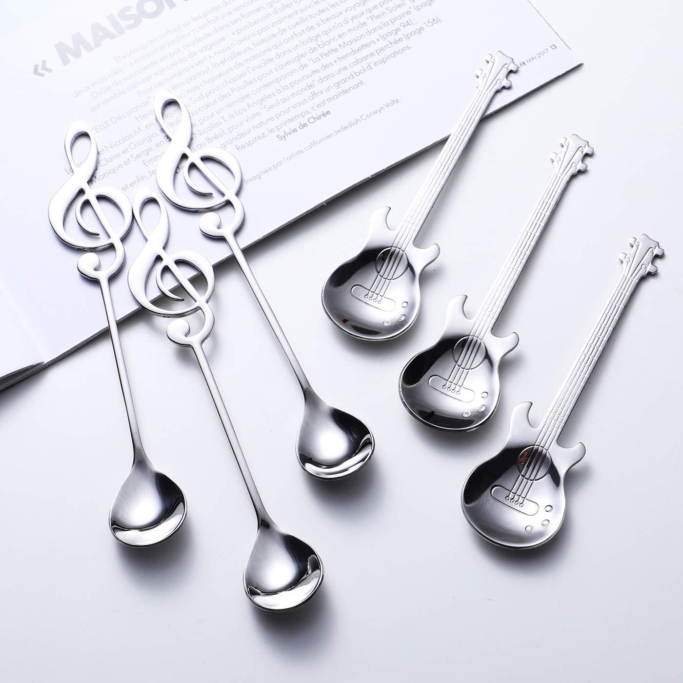 IRONX Music Note and Guitar Spoons Set - 6-Pack Creative Cute Teaspoons, 18/10 Stainless Steel Staff Musical Notation Shaped Coffee Spoons (3 Music Note + 3 Guitar)