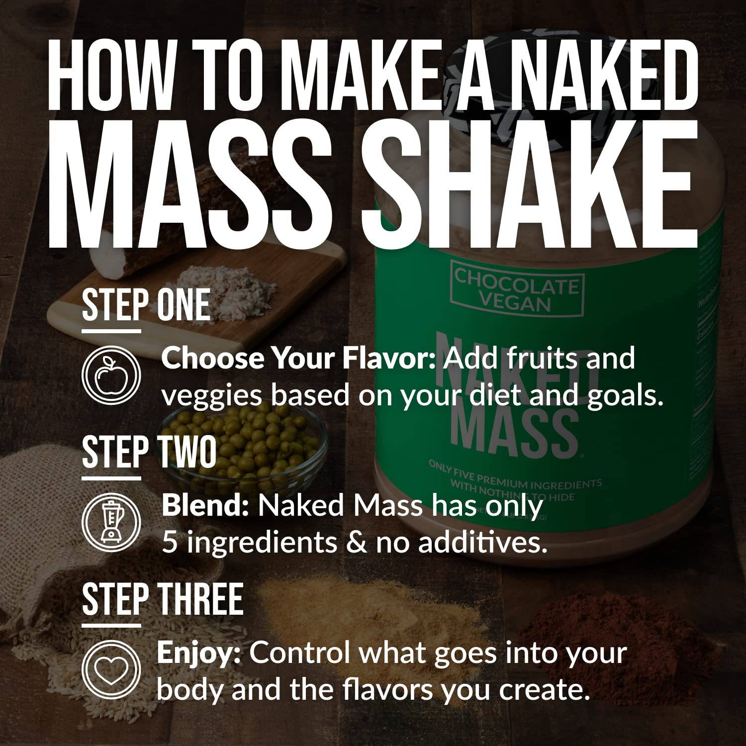 NAKED Vegan Mass - Chocolate Vegan Weight Gainer - 1,280 Calories, Non-GMO, Soy & Gluten Free, No Artificial Ingredients - 8LB Bulk - 11 Servings