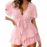 AIMCOO Women's Floral Print Deep V-Neck Romper Double Layer Ruffle Hem Jumpsuits Short Flare Sleeves Waist Tie Short Rompers