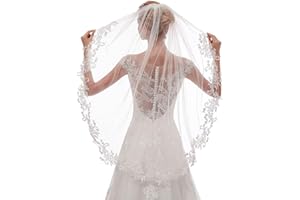 Women's Short Fingertip Length 1 Tier Lace Wedding Bridal Veil with Metal Comb
