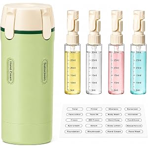 CAPOT 4 in 1 Travel Dispenser Bottle, Portable Travel Toiletry Container with 4 Refillable 30ml Bottles, Leakproof Travel Sha