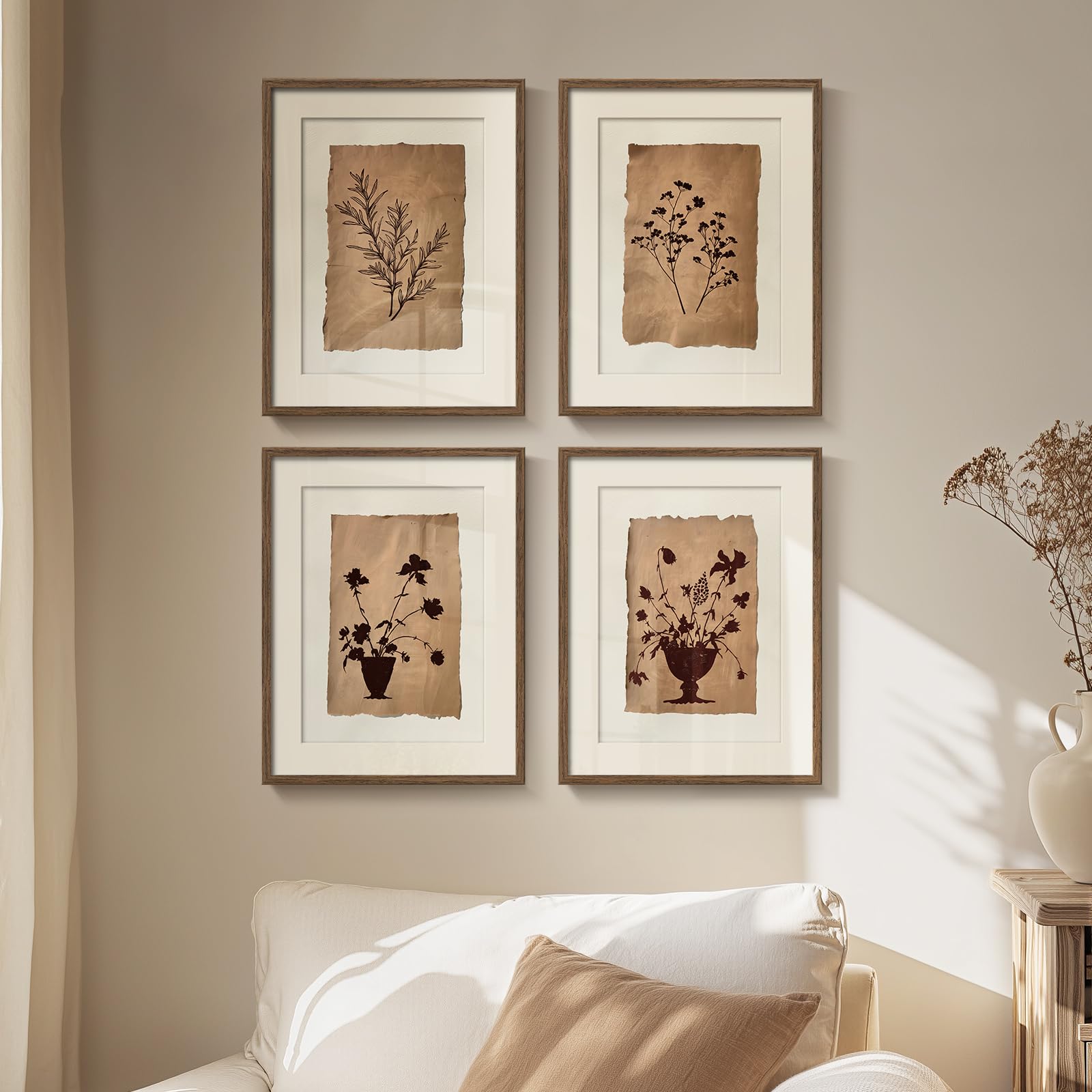Photo 1 of Framed Vintage Botanical Wall Art for Wall Decor, 4 Piece Brown Floral Farmhouse Bathroom Picture Prints, Rustic Farmhouse Botanical Artwork for Living Room Bedroom Bathroom Fireplace Walls, 11x14 In