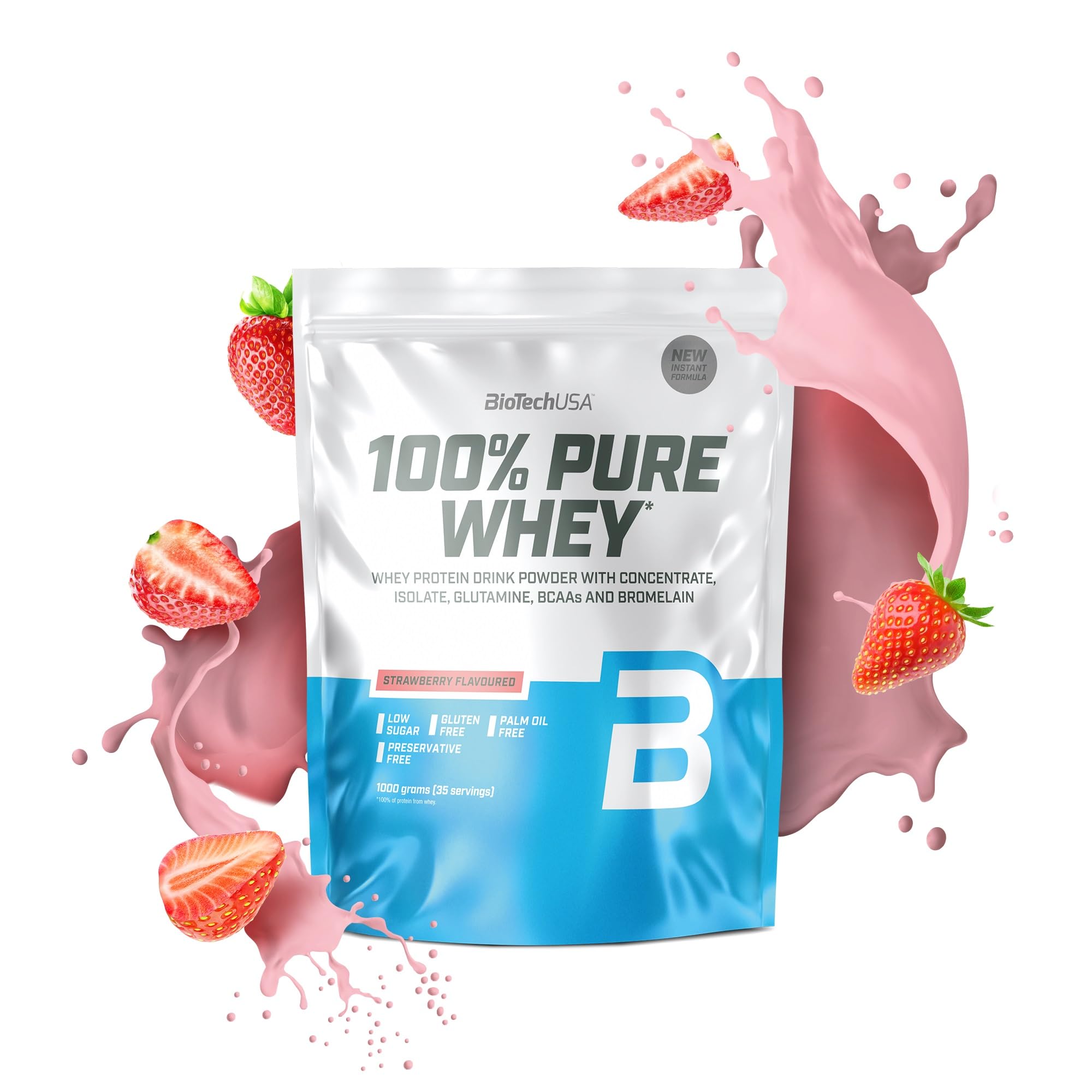 BioTechUSA 100% Pure Whey | Protein Powder with BCAA and Glutamine | Gluten-Free, Palm Oil Free | 21g Protein per Serving, 1 kg, Strawberry