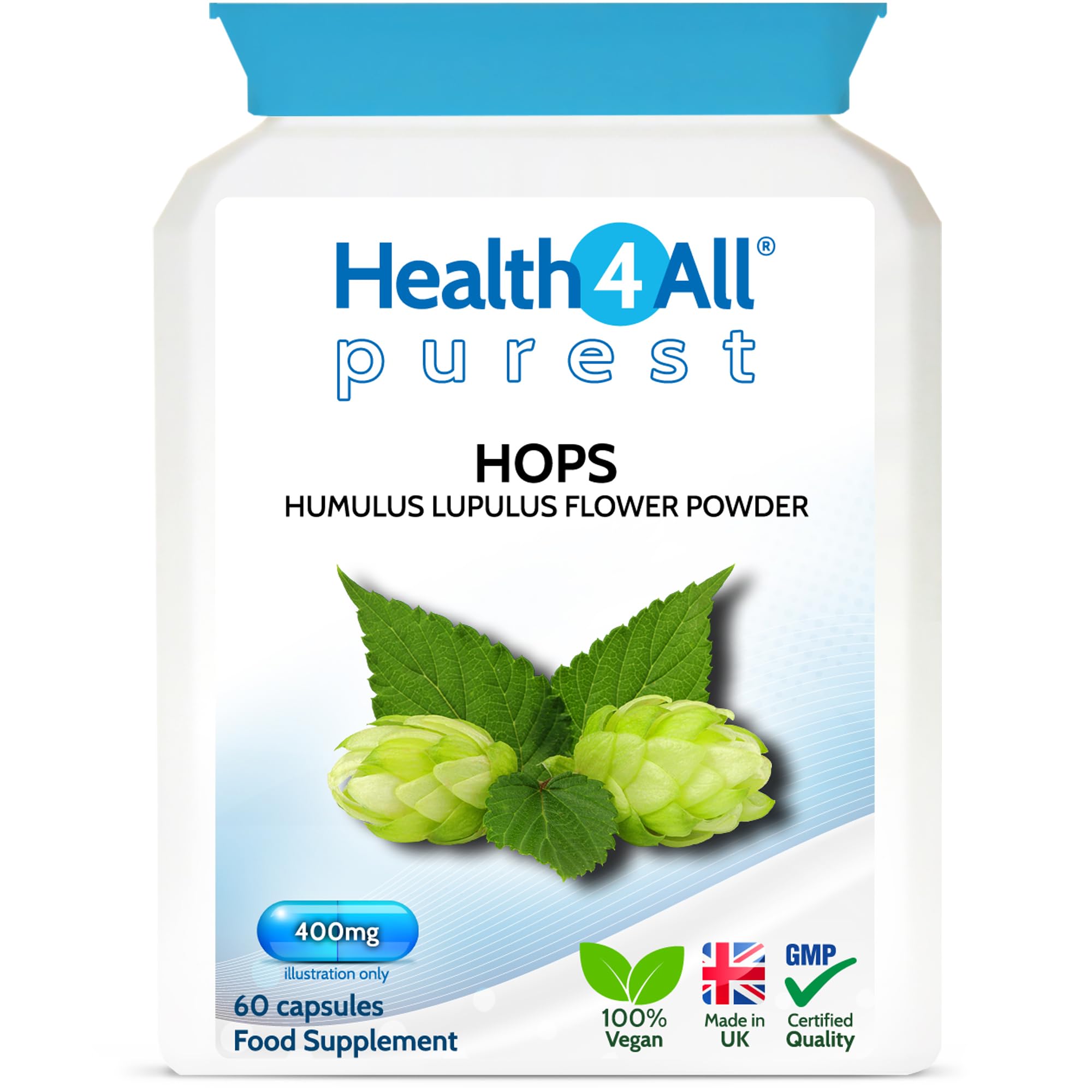 Health4All Hops 400mg, 60 Capsules 2 Months Supply, Purest Anxiety, Stress and Sleep Supplement, Humulus Lupulus Flower (strobiles, Cones) Herbal Vegan Capsules (not Tablets) | Made in UK