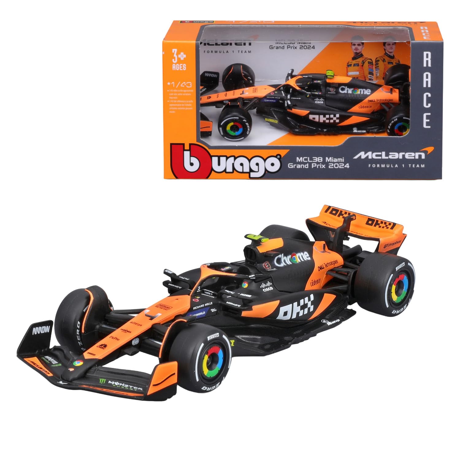 Bburago McLaren MCL38 Lando Norris #4 2024 - Realistic 1:43 Scale Model Car, Driven by Lando Norris, Officially Licensed by McLaren, Recommended age 3+ years